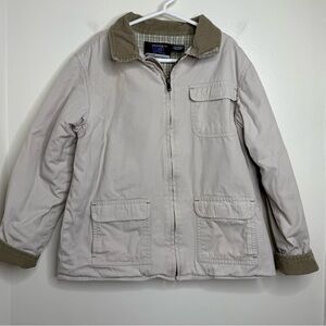 Vintage Kids Chore Coat Barn Jacket Sz 7 Cream Green Corduroy Trim Cotton unisex